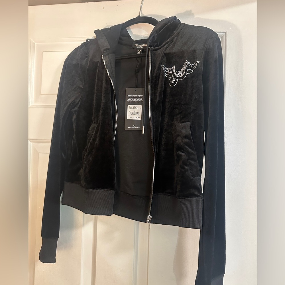 True Religion Black Velour Bedazzled Rhinestone Zip up Sweatshirt Jacket